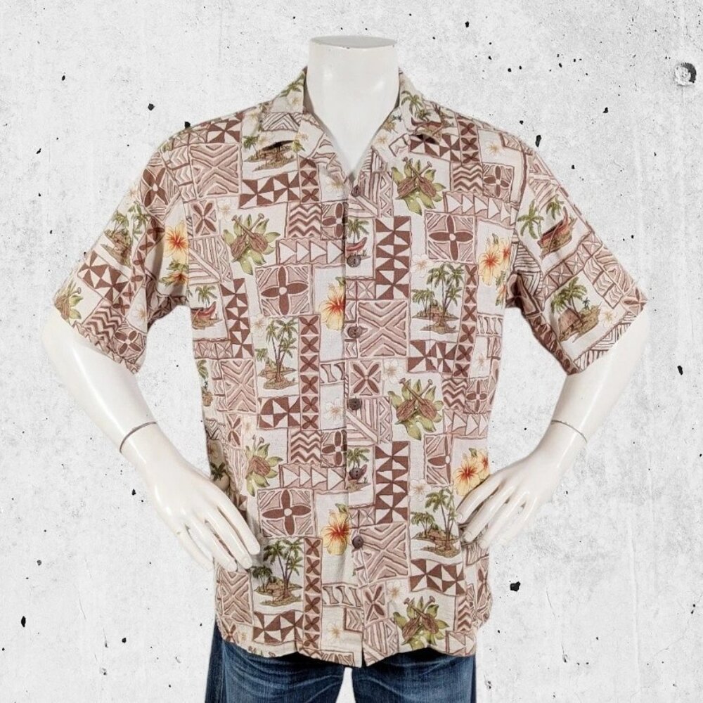 Hilo Hattie Bark Cloth Hawaiian Shirt Size XL Made in Hawaii Tiki
